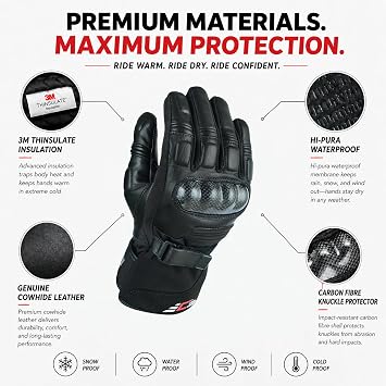 JAUNTY Winter Motorcycle Gloves for Men and Women Warm Thinsulate Waterproof Touchscreen Leather Riding Gloves with Carbon Fiber Knuckle ATV BMX Motocross Gloves for Riding