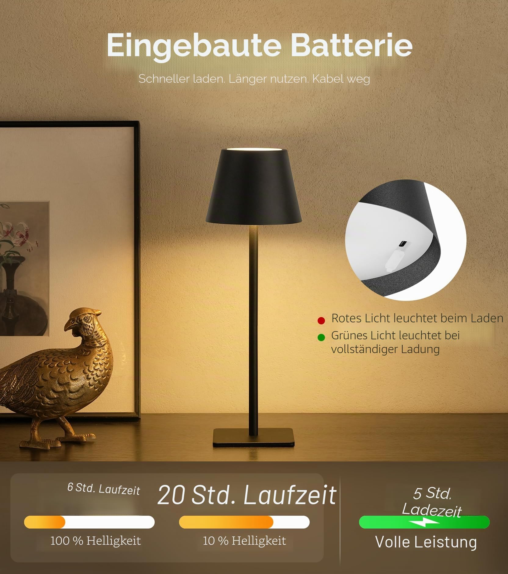 UME Kabellose Tischlampe, batteriebetriebene Lampe – tragbare, wasserdichte, wiederaufladbare Tischlampe mit 3 Farbtemperaturen und stufenlosem Dimmen für Abendessen, Schreibtisch, Café (3, Schwarz)