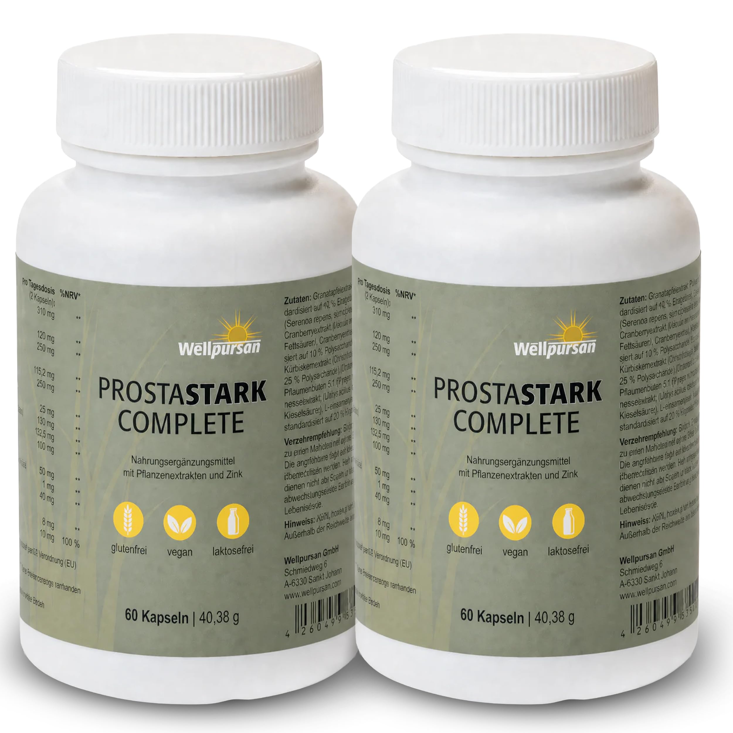 Wellpursan Prostastark Complete – 2 x 60 Stück Prostata Kapseln mit Granatapfel, Sägepalme, Kürbiskernextrakt & Zink – Hochdosierter Pflanzenkomplex – Vegan, glutenfrei & hergestellt in Österreich