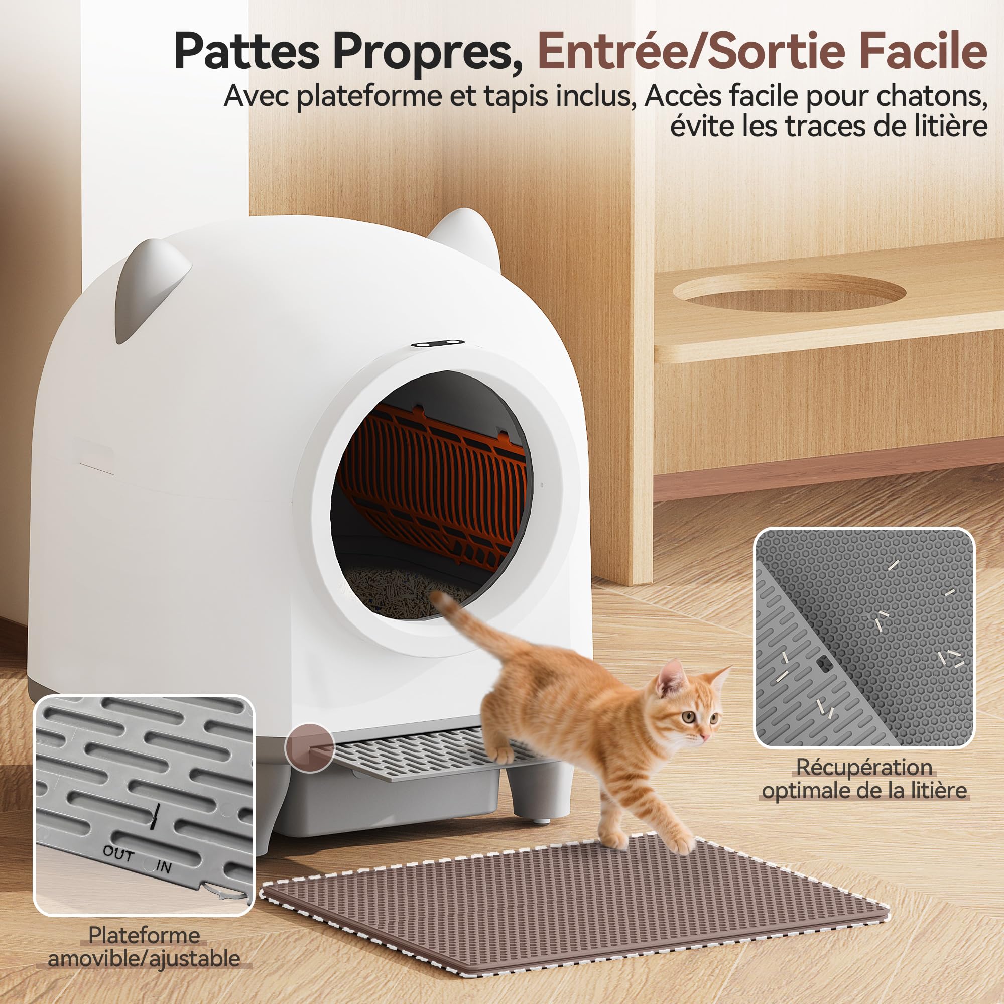 Devoko Litiere Chat Autonettoyante Automatique, Bac Litiere pour Chat XXL 90L, Design en Forme d'oreilles de Chat, Système de Sécurité à Six Niveaux, avec Fonction Désodorisante, Compatible avec APP