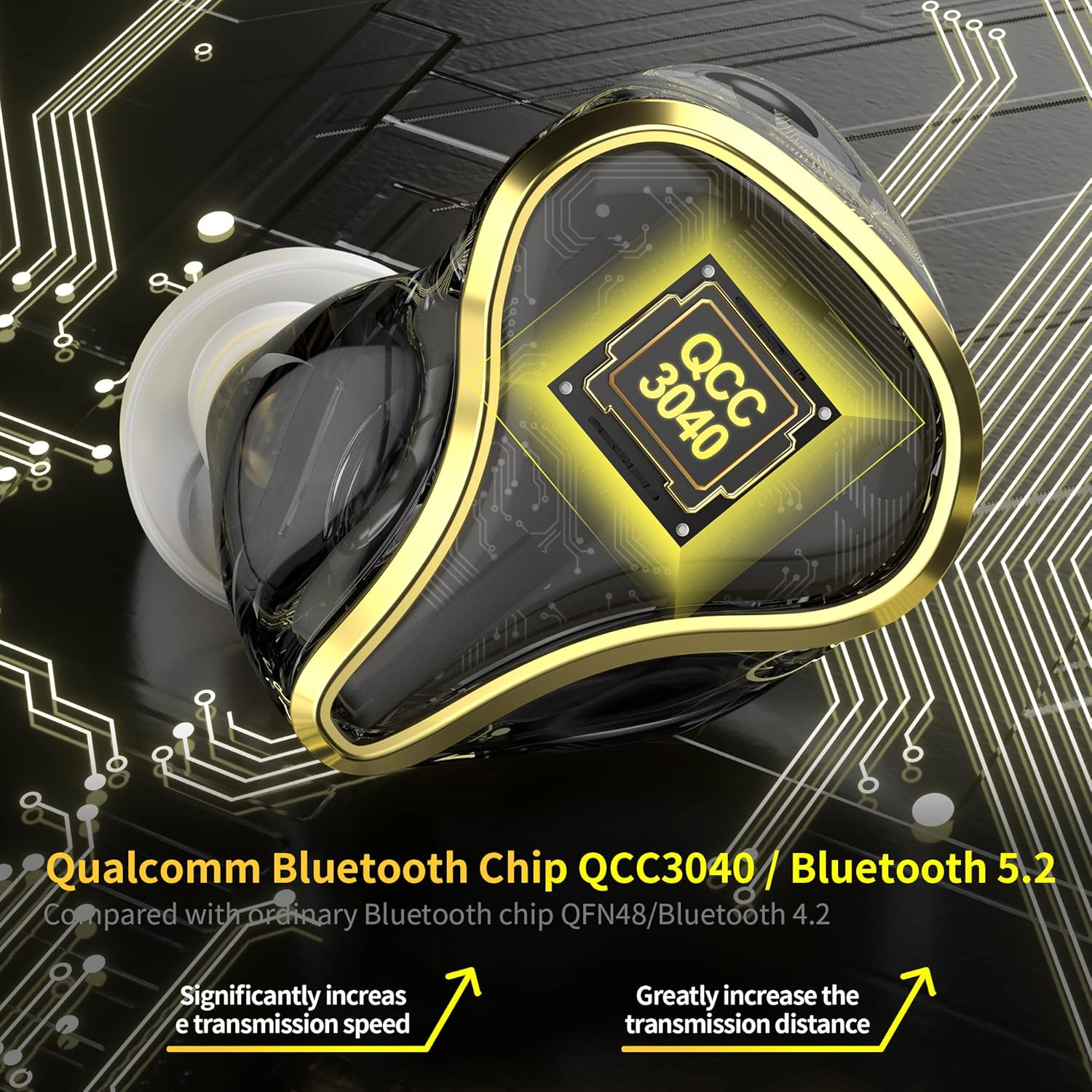 Close-up image of a KZ SK10Pro earbud showing the QCC3040 Bluetooth 5.2 chip, highlighting its role in increasing transmission speed and distance.