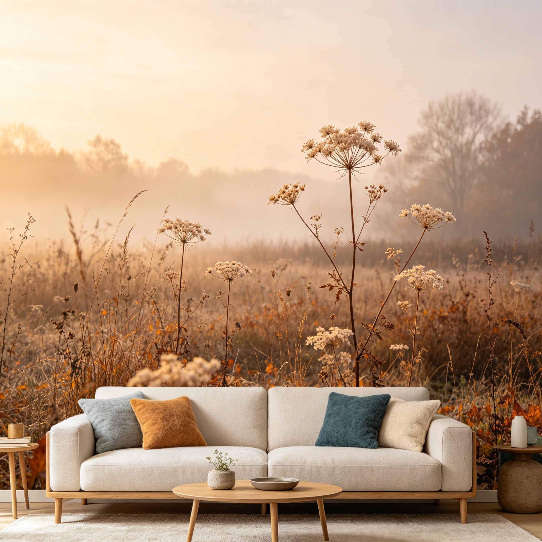 Custom Size Wall Mural Botanical Landscape Misty Morning Meadow Wildflowers SelfAdhesive Art Prints wall Fabric (No PVC) Removable Wallpaper Home Bedroom Decor