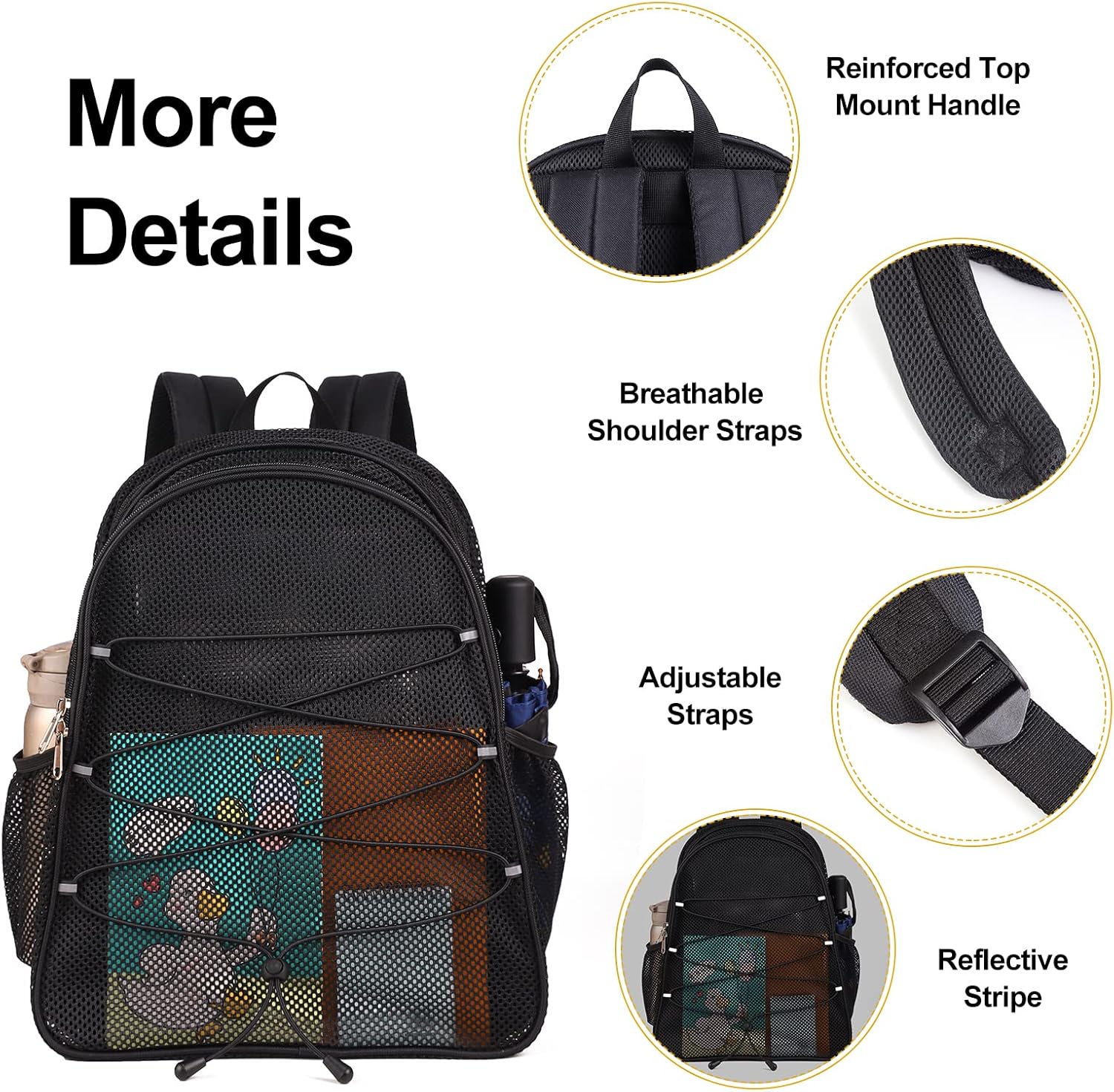 Edraco Heavy Duty Mesh Backpack, See Through Backpack, Mesh Book Bag with Bungee Cord & Adjustable Padded Straps, for Work, College, Travel