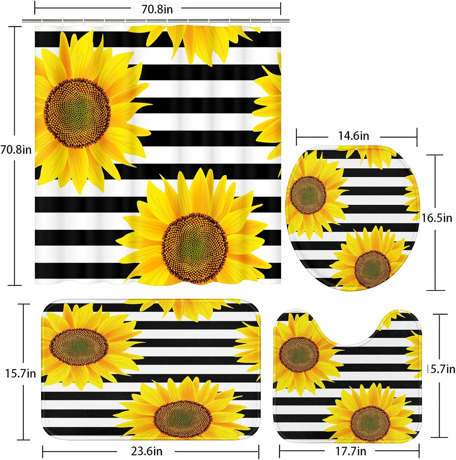 ArtSocket 4 Pcs Shower Curtain Set Sunflowers Striped Black White Flower Yellow Beautiful with Non-Slip Rugs Toilet Lid Cover and Bath Mat Bathroom Decor Set 72" x 72"