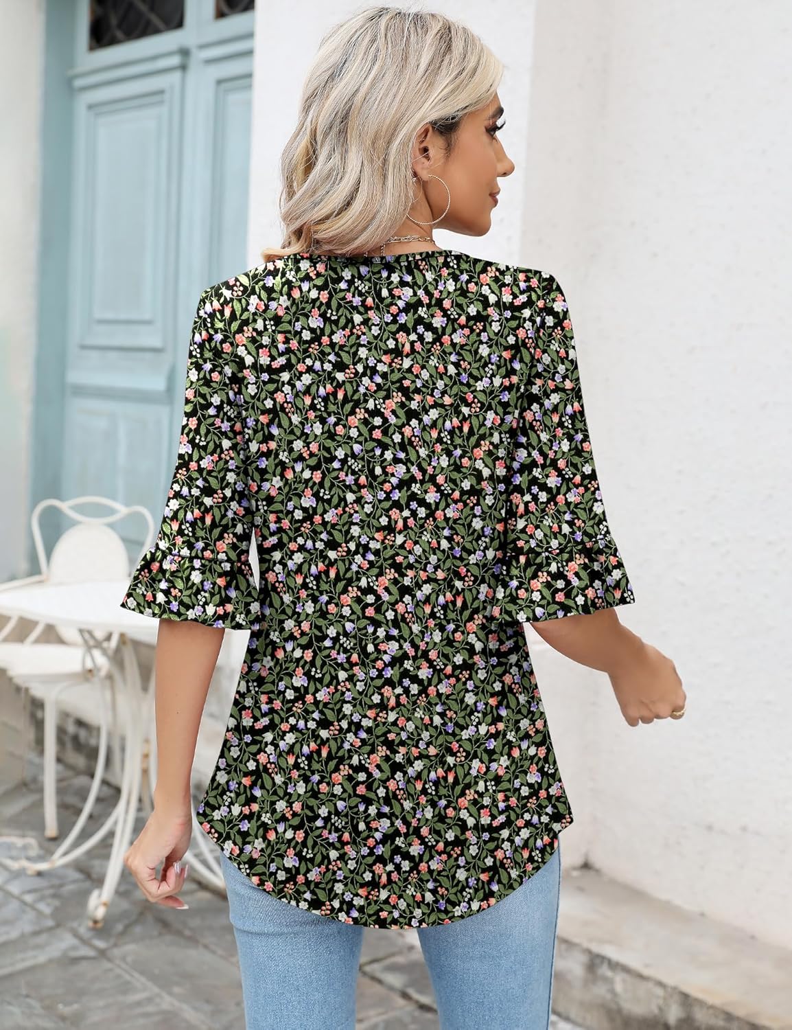 LOMON 3/4 Sleeve Tops for Women Summer Dressy Casual V Neck Shirts Ruffle Sleeve Loose Blouses - Image 2