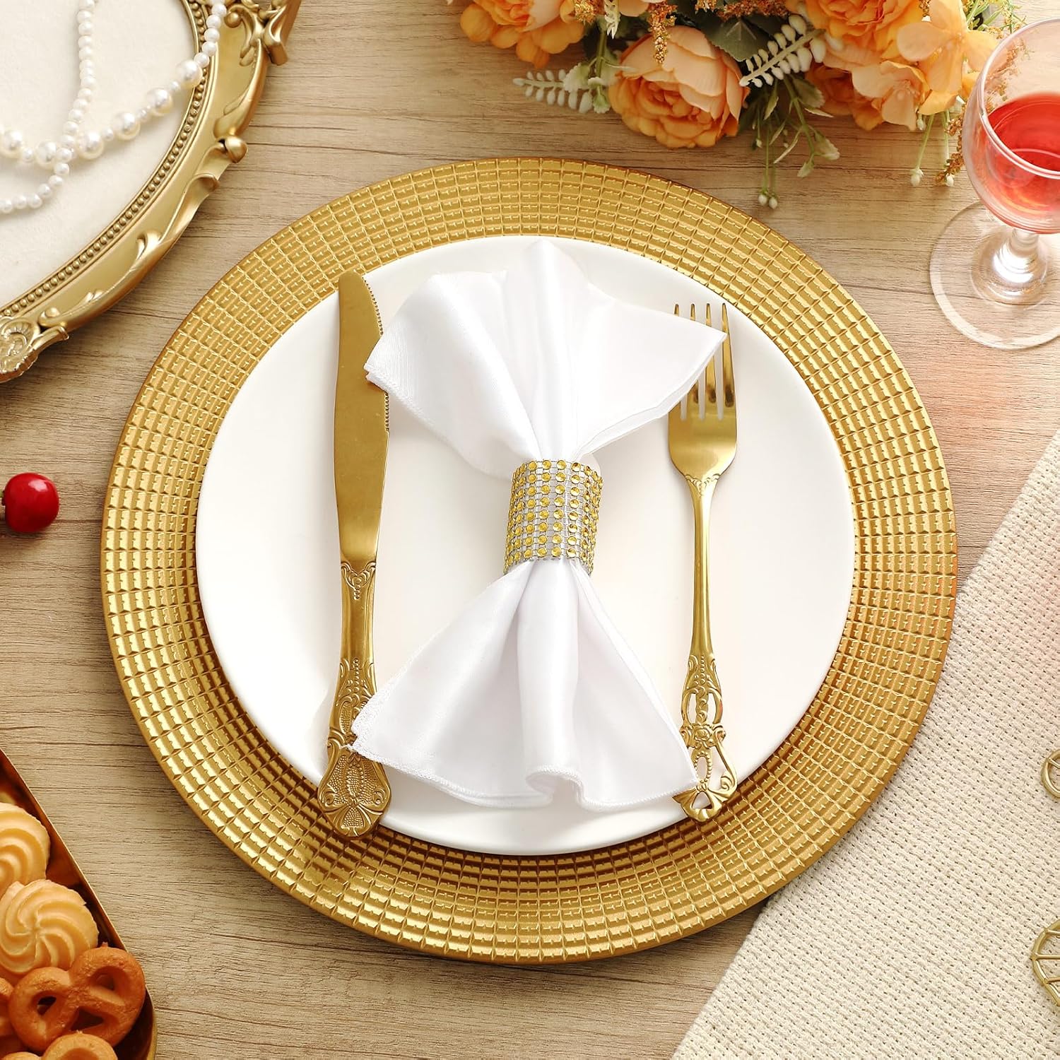 12 Pack Gold Charger Plates Bulk for Dinner Plates, 13" Round Chain Shaped Service Chargers Bulk, Plastic Wedding Chargers for Christmas Thanksgiving Party Wedding Birthday Anniversary