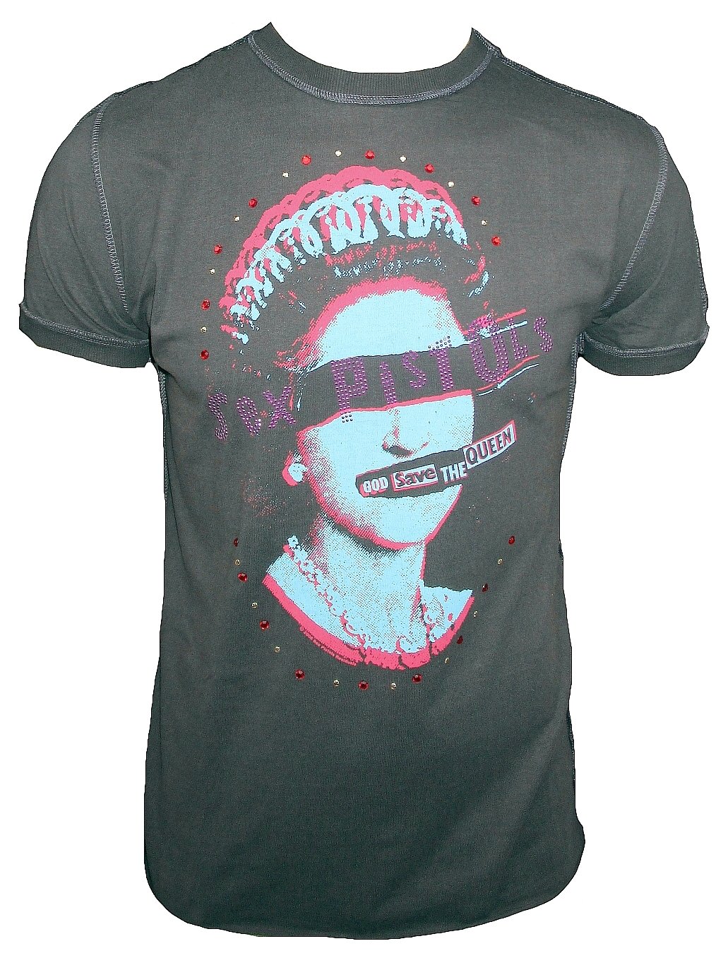 Amplified Maglietta da uomo grigio antracite Official Sex Pistols God Save The Queen Strass Vintage grigio. L