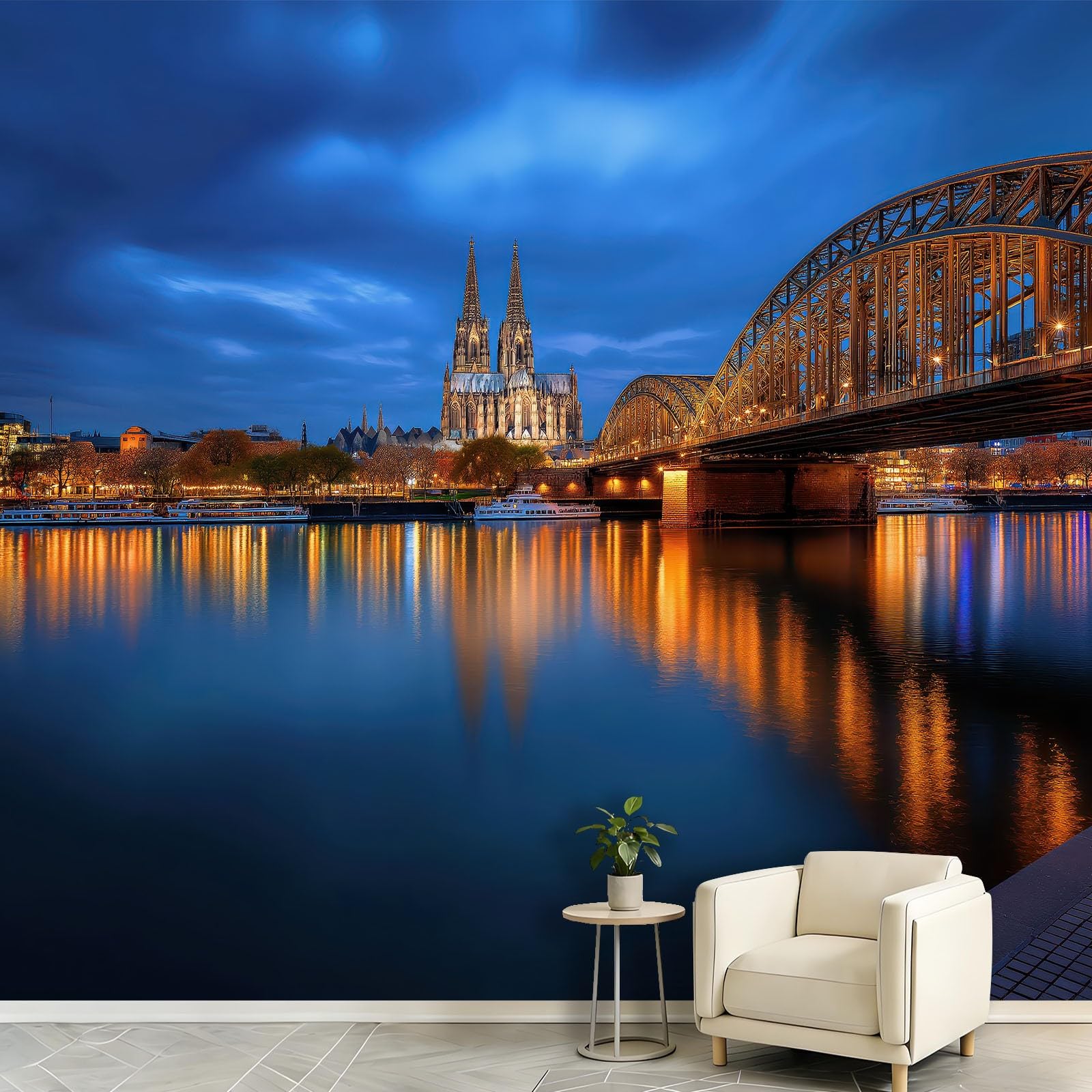Genérico 3D Papel pintado Ciudad Puente Río 150x105cm - Papel pintado panorámico mural - Póster nocturno urbano Skyline - Decoración para sala de estar, dormitorio, cocina y baño