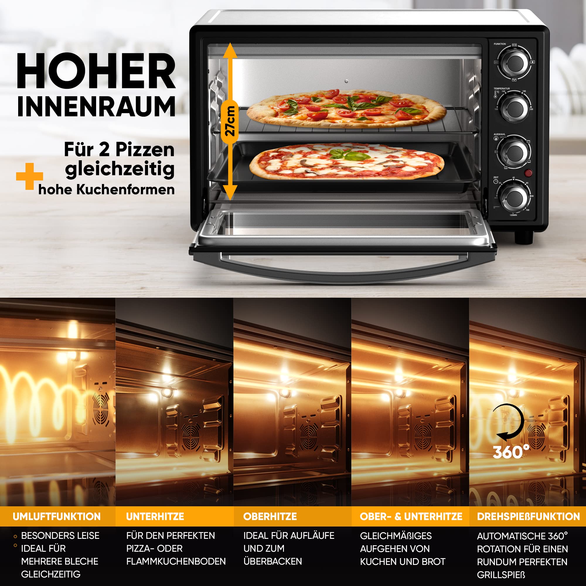 Stillstern Minibackofen mit Umluft 35L (DE Version) Pizza Ø28, CYCLONE PRO+ Antihaftbeschichtung, Auftauen, 2h Timer, Camping Mini Backofen Umluft Pizzaofen Mini Ofen klein Hähnchengrill mit Drehspieß
