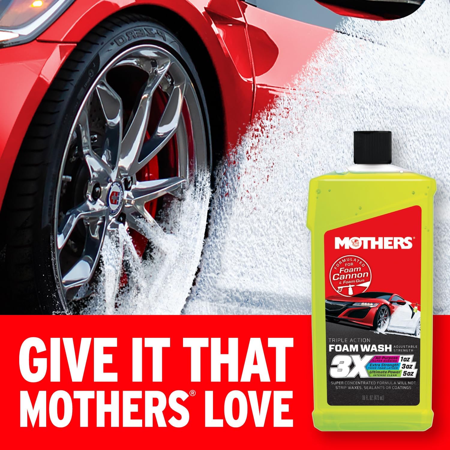Mothers Triple Action Foam Wash, 16 oz. — pH Balanced, Eco-Friendly, Super-Sudsy, Foam Cannon, Safely Clean Without Stripping Wax, Sealant or Coating, Remove Dirt & Grime, Super Concentrated (05616)