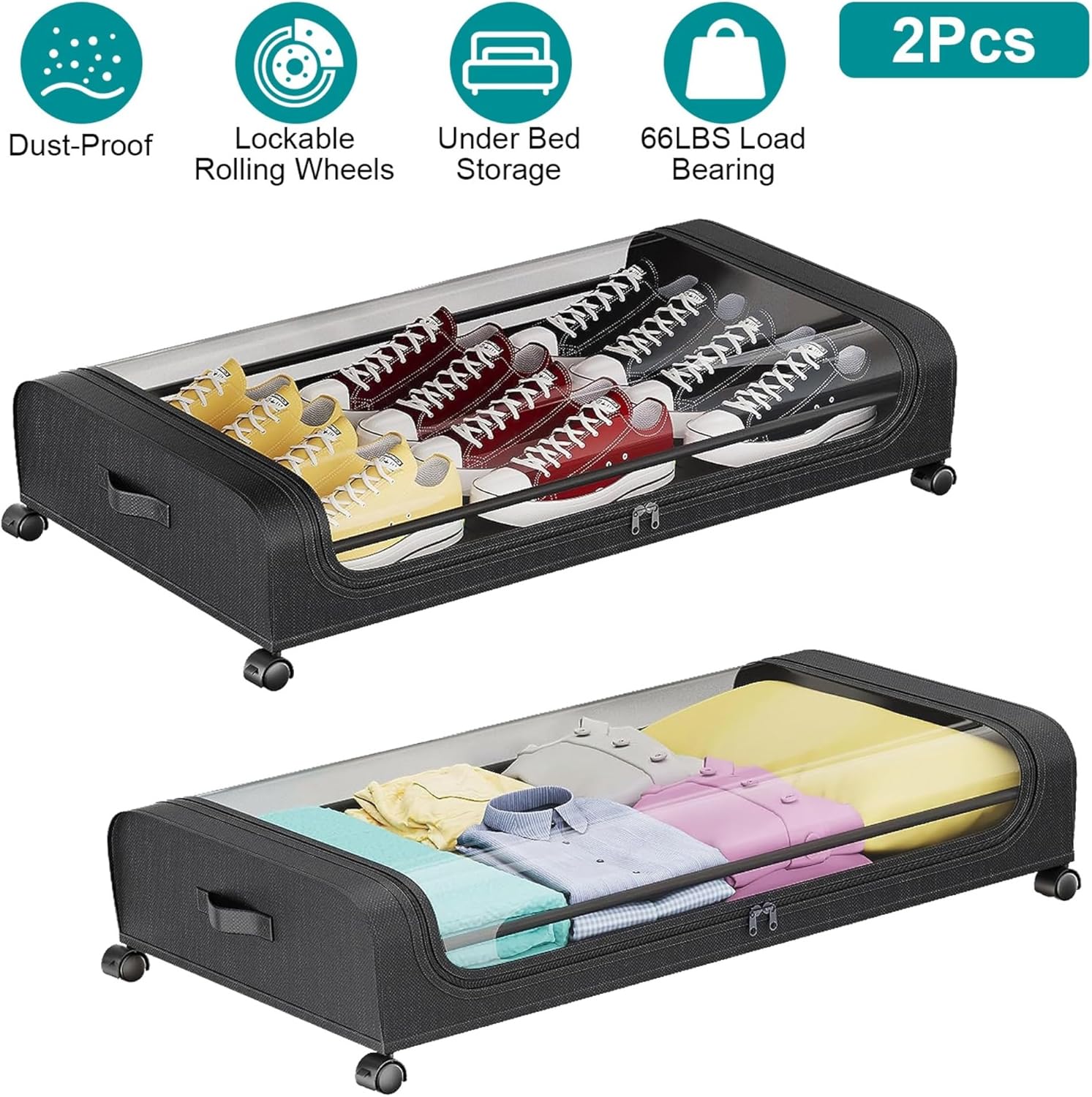 2Packs Under Bed Storage Containers Rolling Clothing Organizer 42L/11Gal Under BedDrawers with Clear Lid 360 Lockable Rolling Wheels Strap Handles