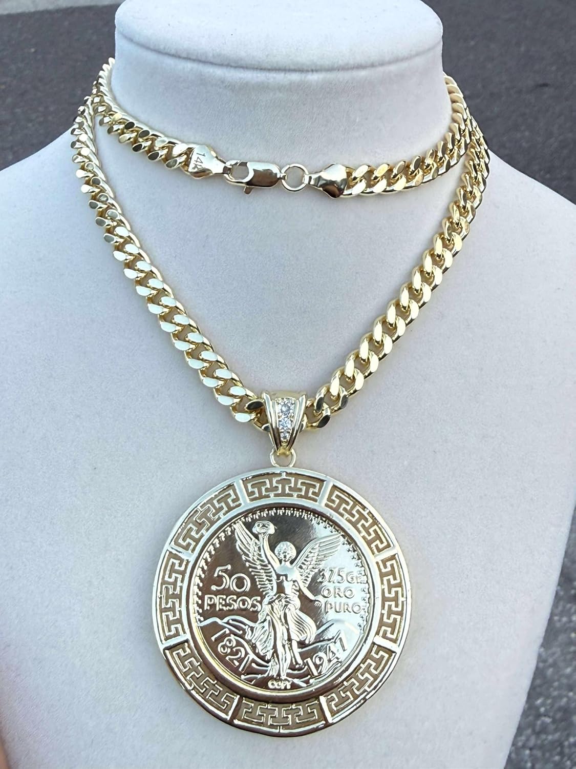 14K Gold Plated Mexican 50 Pesos Gold Pendant Necklace with Aztec Coin Design – Figaro Cuban or Rope Chain 18 to 24 Inch – Unisex Hip Hop Jewelry Brass Souvenir Gift