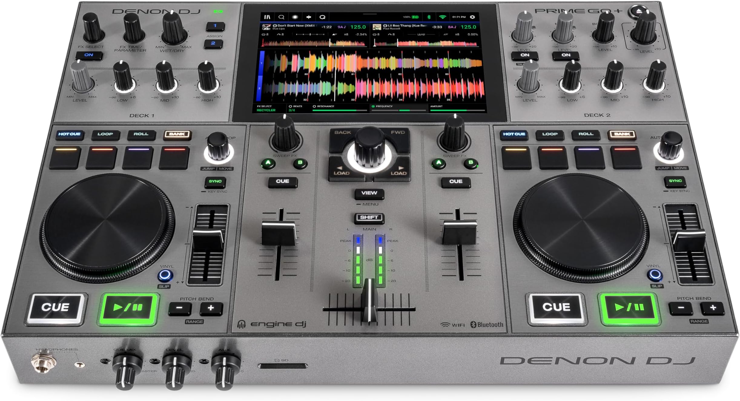 Denon DJ Prime Go+ Portable DJ Controller and Mixer with Stem Separation, 2 Decks, WiFi Streaming, Bluetooth, Light Control, 7 Inch Display and Battery