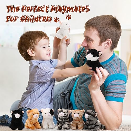 Miniatura 5 de Juego de 10 animales de peluche de gato a granel, suaves y mullidos, varios gatos de peluche para fiestas de cumpleaños, regalo de Halloween,