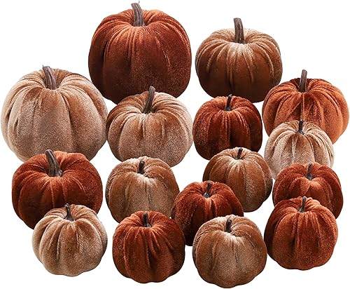 Woration 16 piezas de terciopelo de tamaño surtido de calabaza artificial decoración de tela envuelta en otoño cosecha calabaza otoño mesa centro de