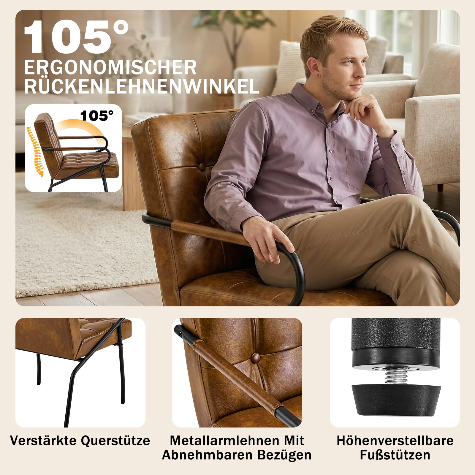 Hellove Loungesessel Wohnzimmer mit Metallbeinen, Ohrensessel Vintage PU Leder, Moderner Relaxsessel mit Gemütlicher, Bequemer Polsterstuhl Ledersessel Lesesessel für Schlafzimmer LivingRoom Braun