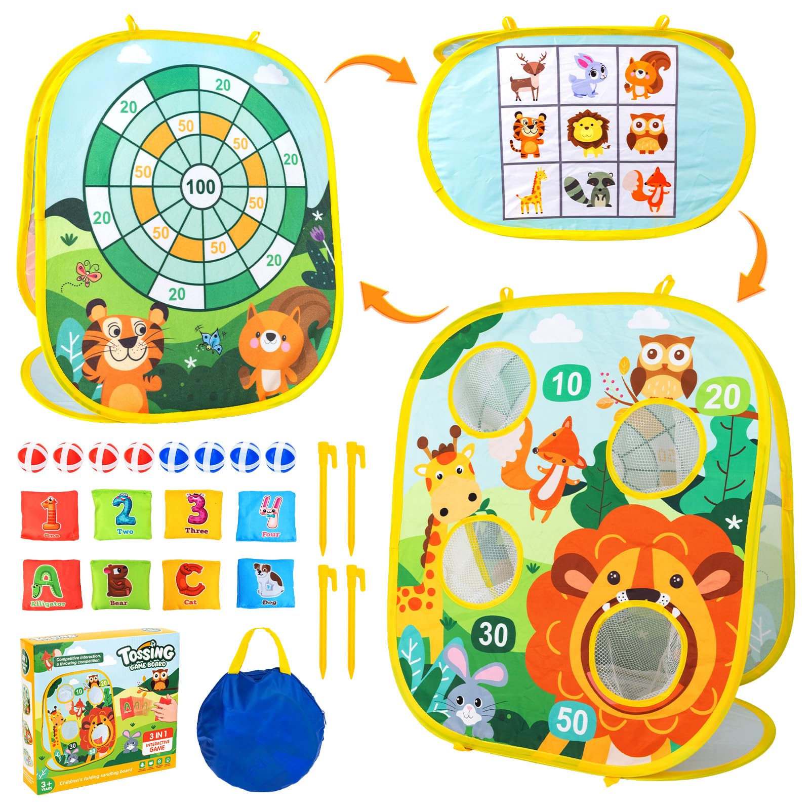 Kids Throwing Game, 3-in-1 Outdoor Folding Portable Sports Toss Game for Activities Garden or Parties, Gifts for Children 4-8 Years