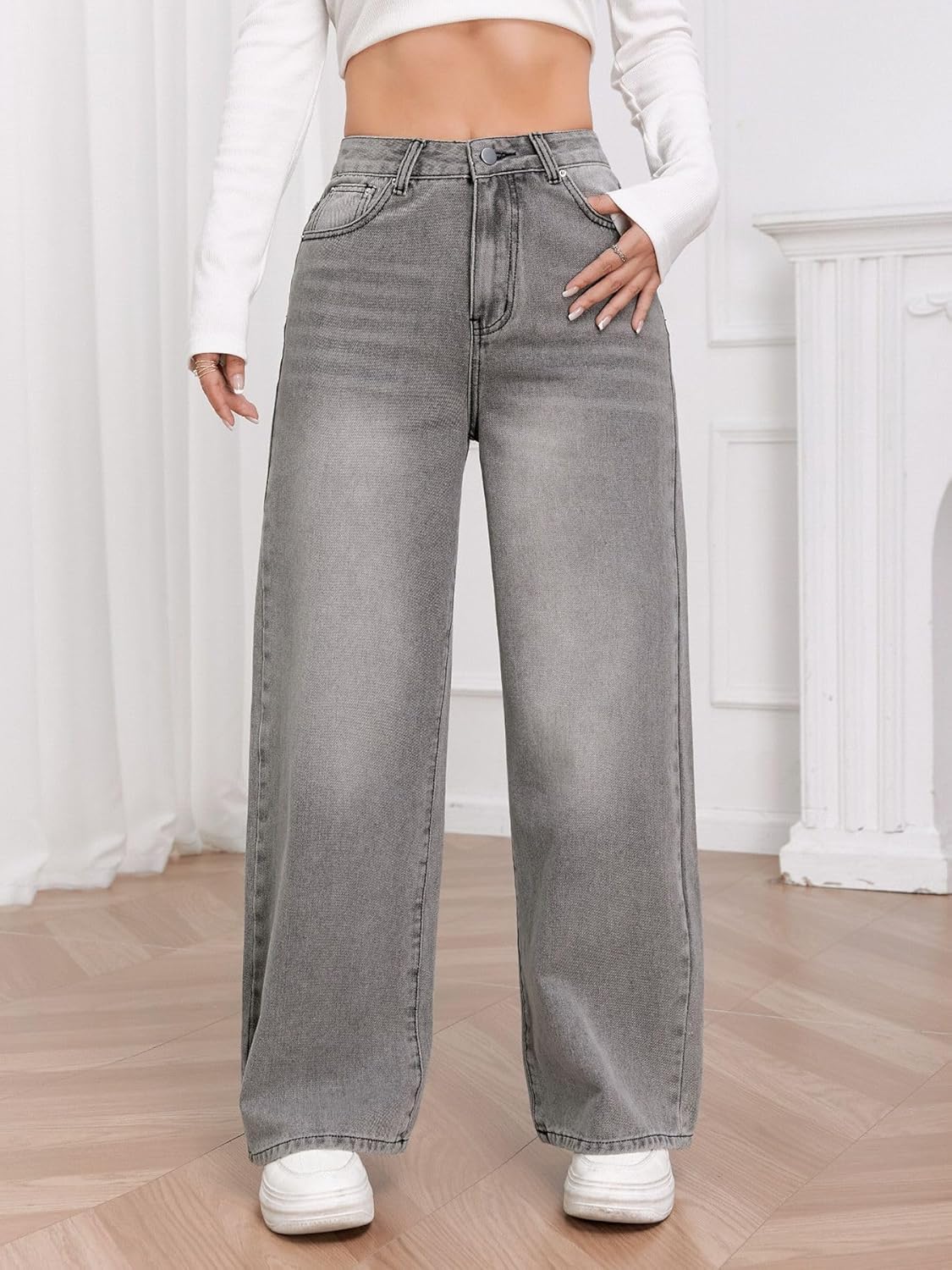 Women's High-Waisted Wide-Leg Pants, Loose Retro Denim Jeans, Casual Street-Style Fashion Outfit