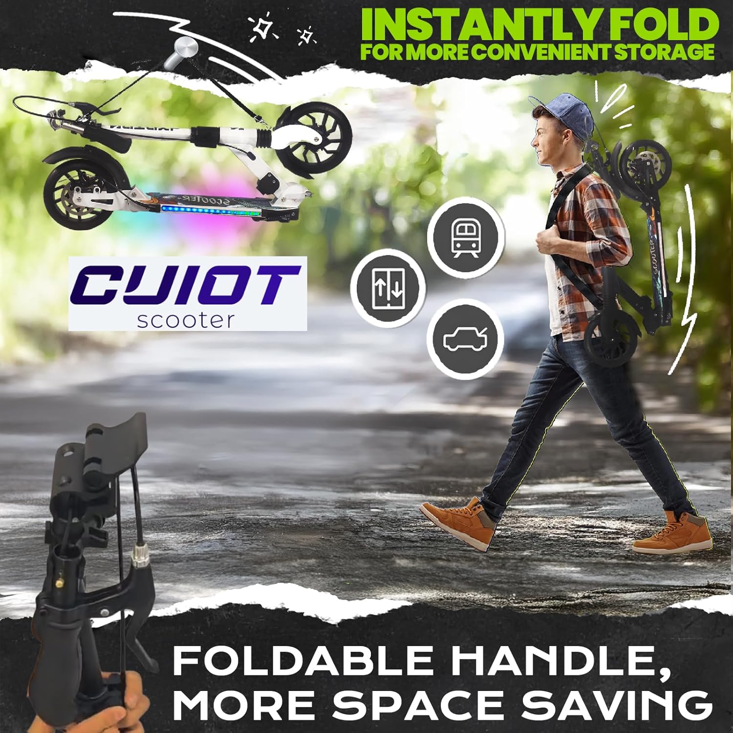 Kick Scooter for Kid Ages 6+,Teens & Adults w/Light Up Deck, Adjustable Handlebar, Foldable Big Wheels Scooter, Commuter Adult Scooters with Hand Brake & Shock Absorption, Max Load 300 LBS