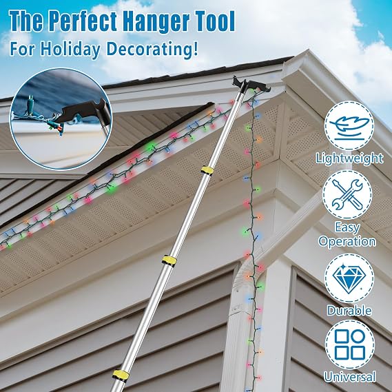 UQM 23 Ft Telescopic Extension Pole with Hook for Christmas Lights | Heavy-Duty Christmas Light Pole Hanger Tool Tree Without Ladder for Hanging Christmas Lights String Lights Birdfeeder