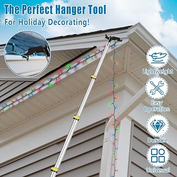 UQM 23 Ft Telescopic Extension Pole with Hook for Christmas Lights | Heavy-Duty Christmas Light Pole Hanger Tool Tree Without Ladder for Hanging Christmas Lights String Lights Birdfeeder