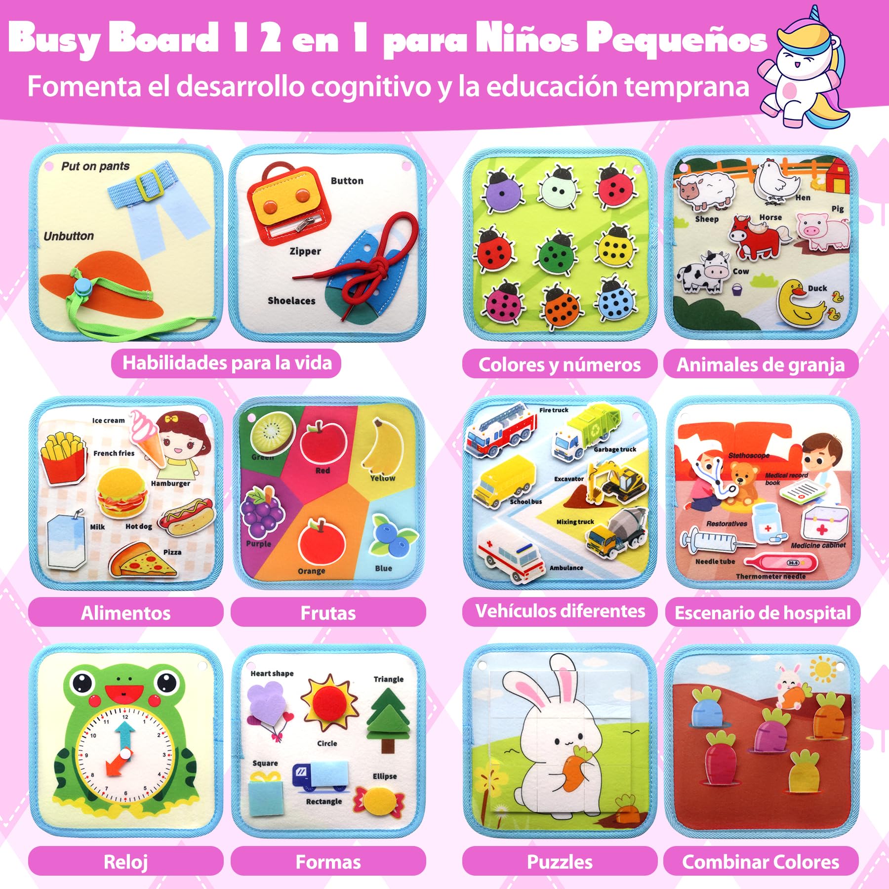 Busy Board Montessori 1 2 3 Anni, 12 in 1 Giochi Bambini Educativi Tabellone Attivitài 1 Anno, Feltro Quiet Book, Pannello Sensoriale Montessori Giocattoli Regalo, Libro Montessori Interattivo