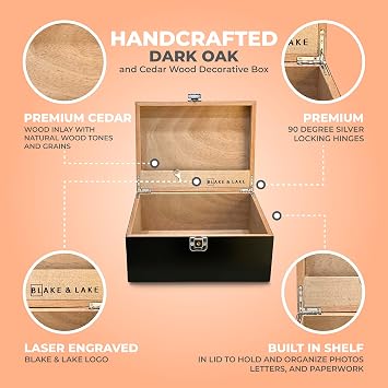 Black Wooden Storage Box with Hinged Lid and Locking Key- Large Keepsake Box with Lock - Wood Chest with Matte Finish - Store Jewelry Keepsakes Photos Gift Boxes (Black)
