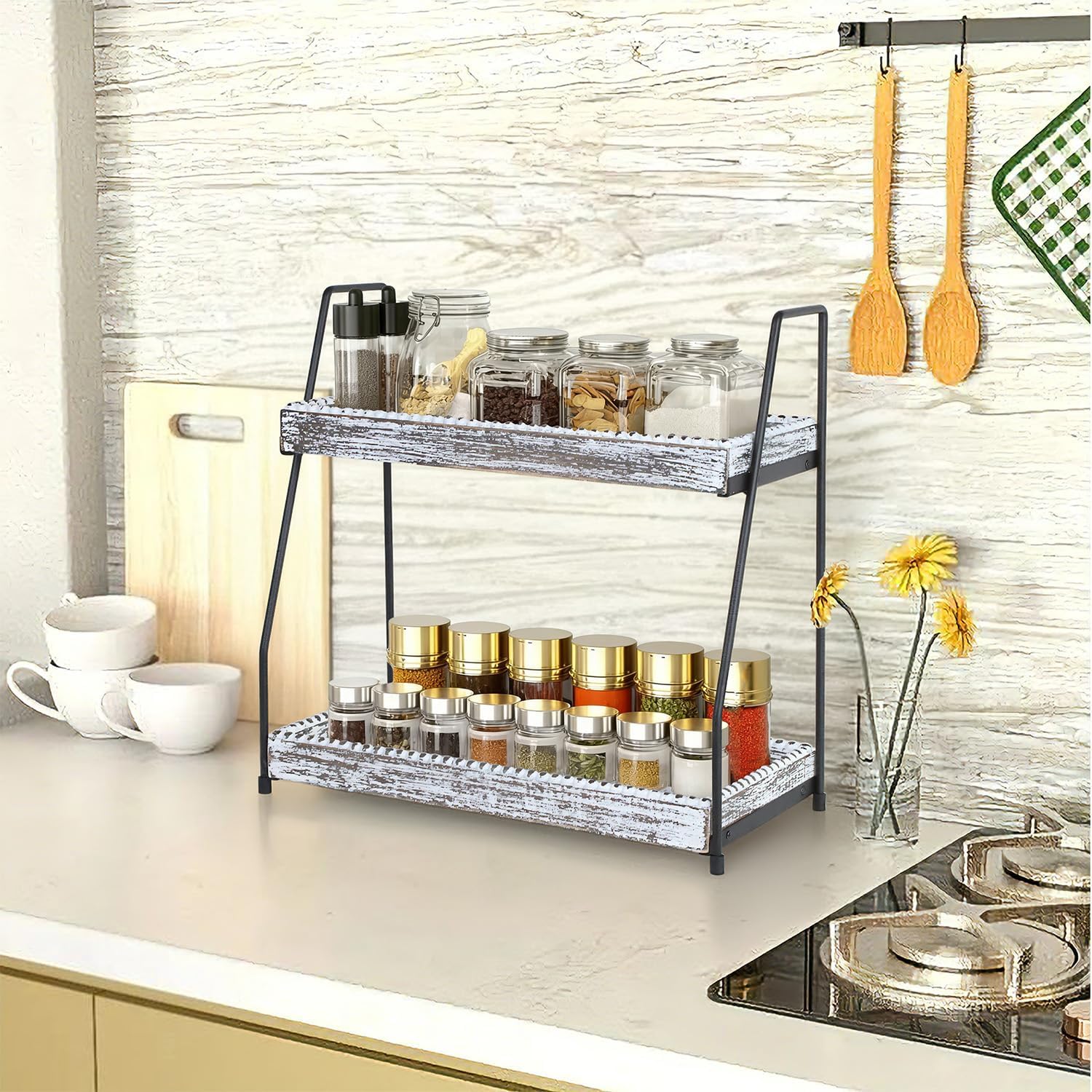 Bathroom Vanity Organizer 2-Tier Wood Countertop Storage Counter Shelf for Makeup Skincare Perfume Jewelry Tray Spice Rack White