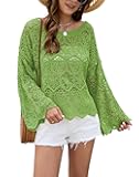 Allimy Womens Oversized Long Bell Sleeve Boat Neck Crochet Tops Hollow Out Knit Sweater Pulllover Tops Coverup Outfits