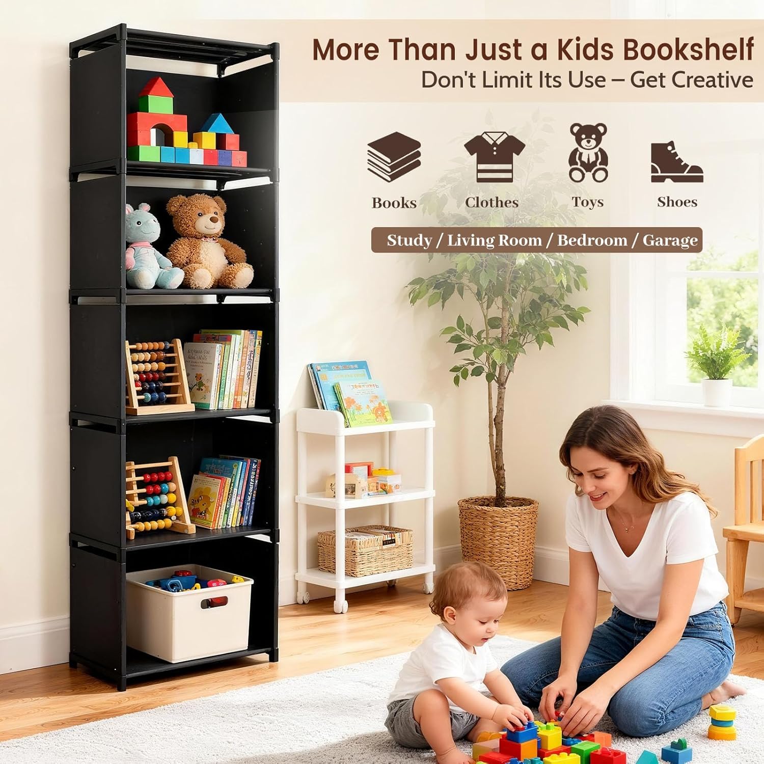 6 Tier Book Shelf, 5-Cube Storage Shelves, Tool-Free Assembly Kids Bookshelf, Bookcase Cube Storage Organizer for Kids Room, Living Room, Office, Bedroom, Study Room, (Black, 6 Tier - 5 Cubes)