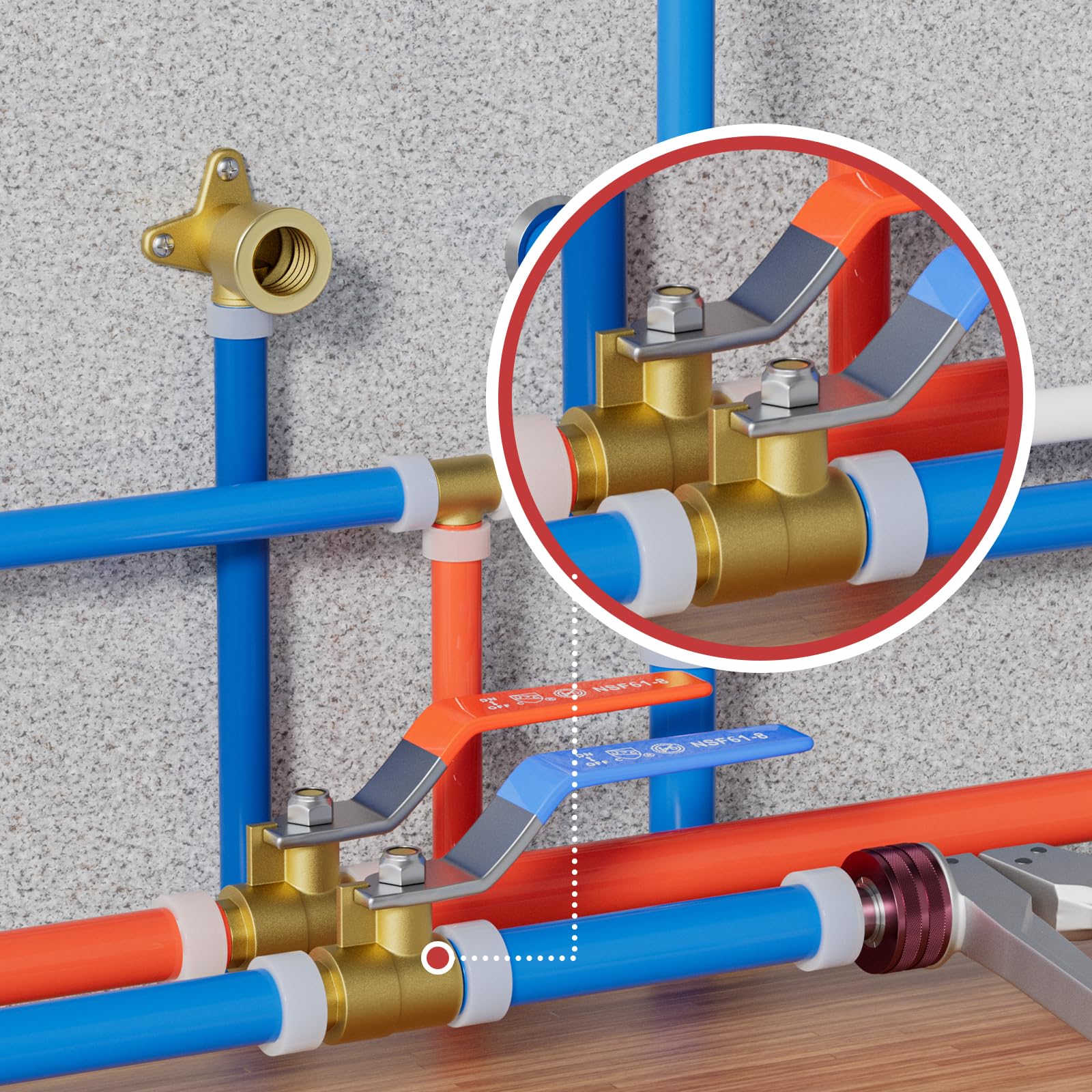 EFIELD - Válvula de bola de latón de cierre de puerto completo Pex A de 1/2 pulgada con oreja caída, niveles rojos y azules, certificación ASTM 1960, cUPC (10, 1/2 pulgadas)