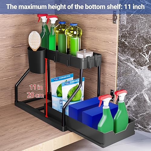 Miniatura 9 de Puricon Paquete de 2 organizadores para debajo del fregadero, 2 niveles en forma de L, organizadores deslizantes para debajo del fregadero,