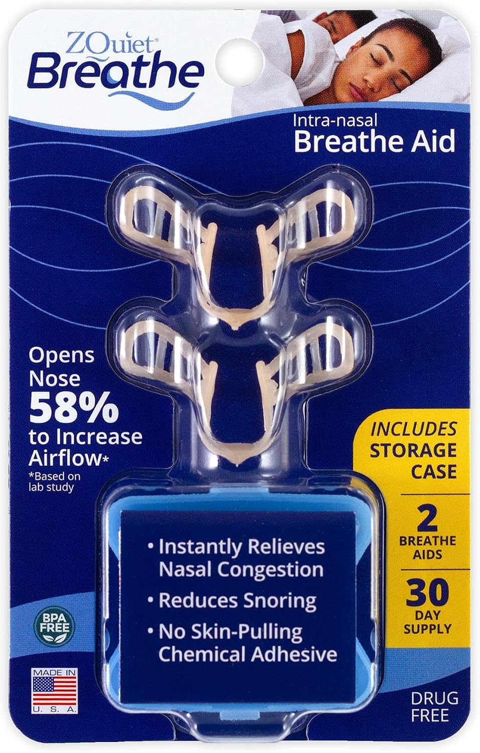 ZQuiet Breathe Anti-Snoring Nasal Dilator Breathe Aid with Storage Case (2 Count - 30-Day Supply) - Natural, Simple, Comfortable Snoring Solution to Increase Airflow and Relieve Sinus Congestion
