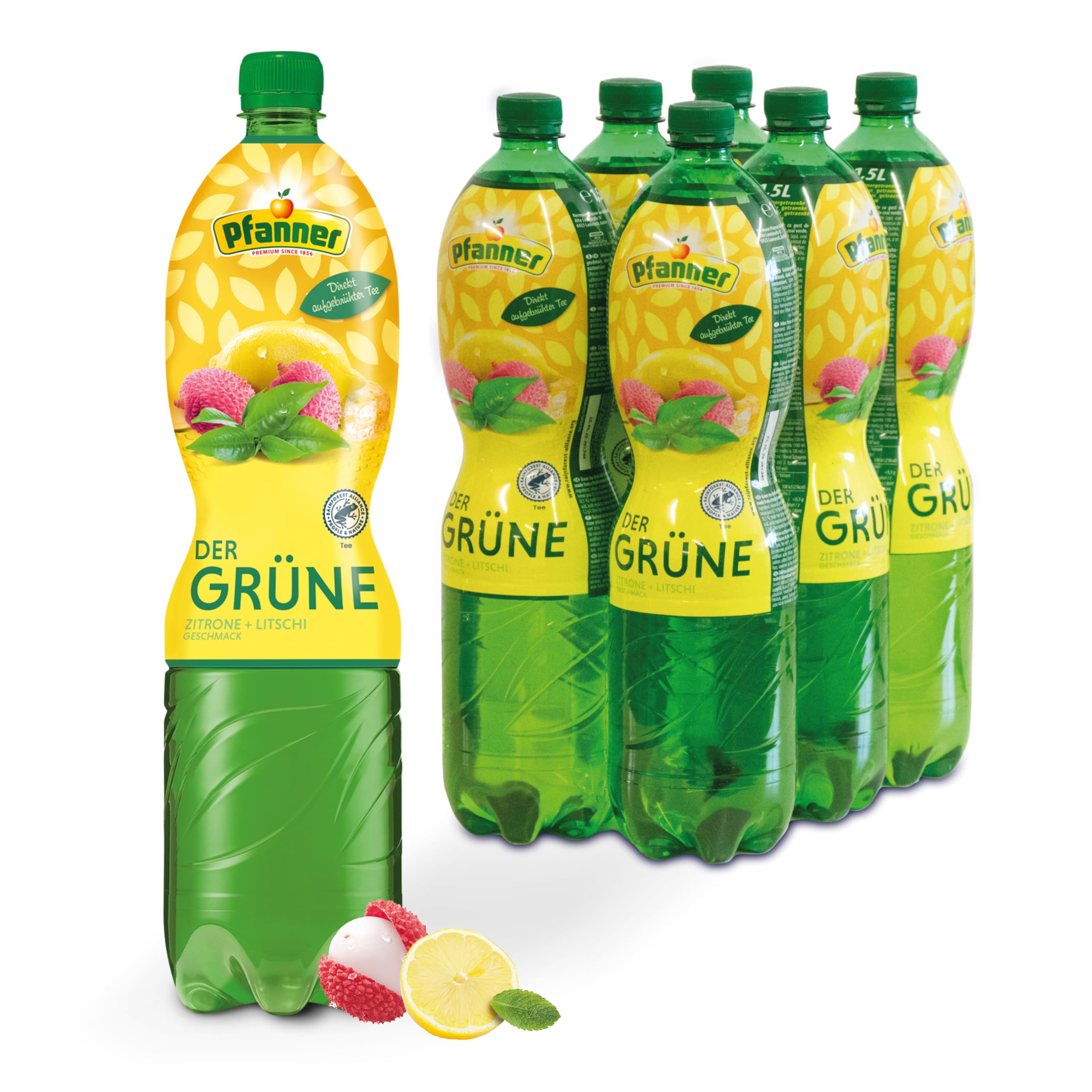 Pfanner Der Grüne – 6 x 1,5 l PET Flasche - Eistee Lemon Lychee aus direkt aufgebrühtem Grüntee - Ice Tea - Vorratspack