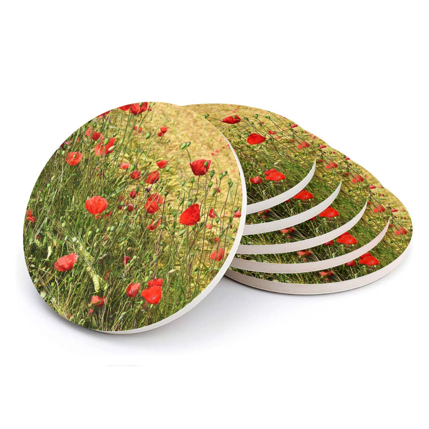 Sous-verre ronds en céramique de prestige motif coquelicot 6 pcs
