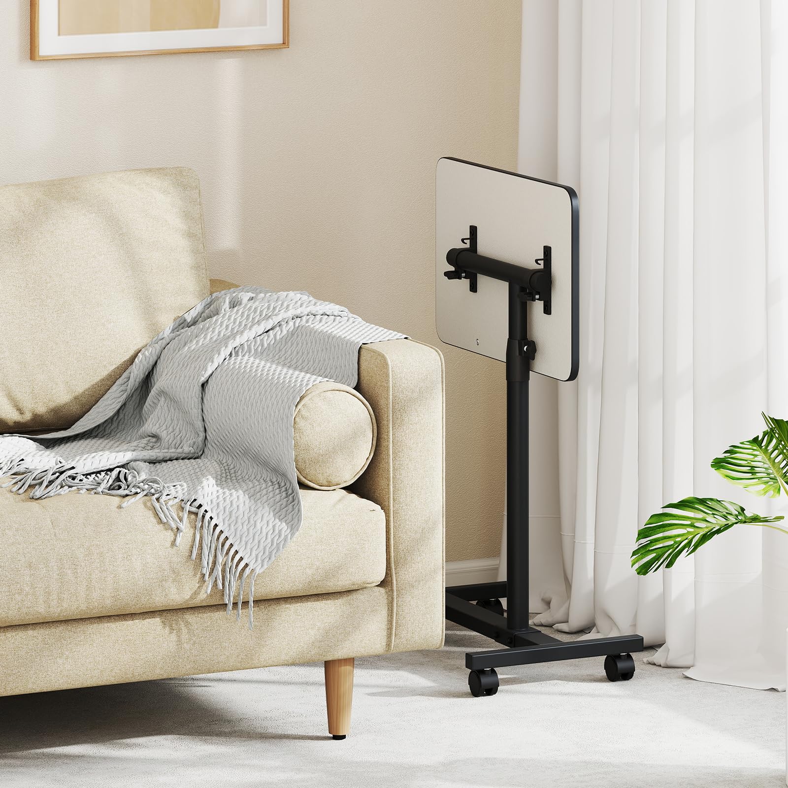 GYMAX Mesa Auxiliar en Forma de C, Mesa Lateral con Ruedas Bloqueables, Altura Ajustable, Encimera Inclinable y Giratoria de 360°, para Cama o Sofá, Sala de Estar, Dormitorio (Gris + Negro)