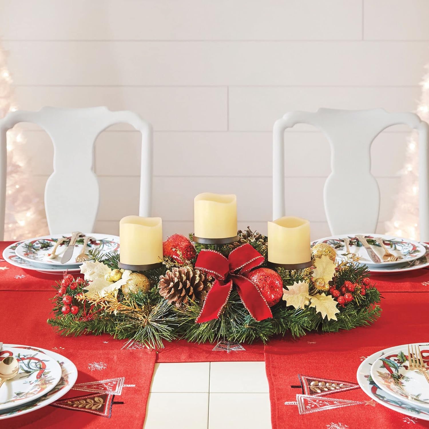 BrylaneHome Pre-Decorated Candle Holder Centerpiece Christmas Decoration, Red Yellow