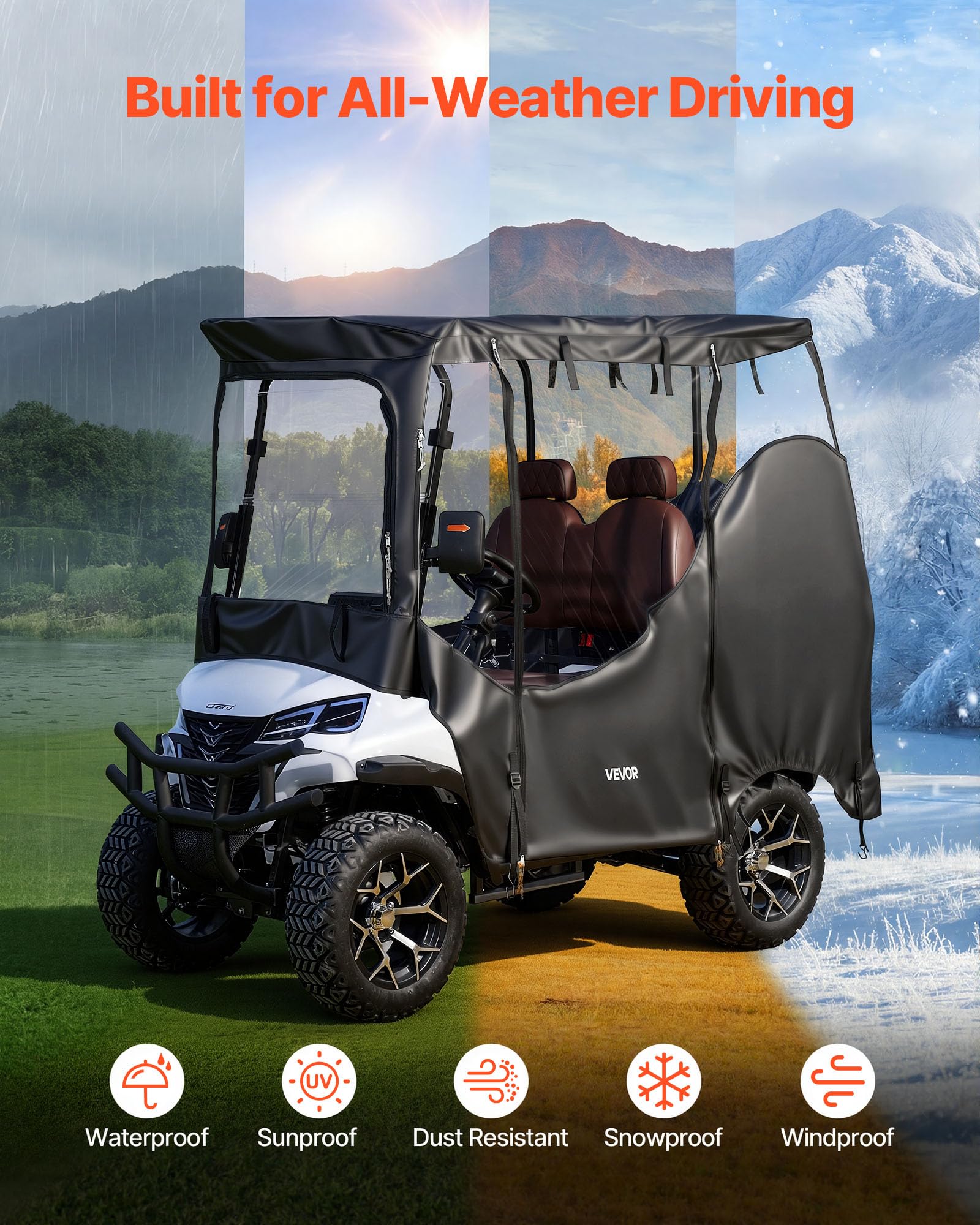 VEVOR Golfwagenabdeckung Sichtbar für 2-Sitzer-Golfwagen (die Meisten Golfcart von Club Car, Yamaha, EZGO & Honda), Regenabdeckung aus 600D-Oxford-Gewebe, mit PU-Beschichtung & Winddichtem Hakensystem