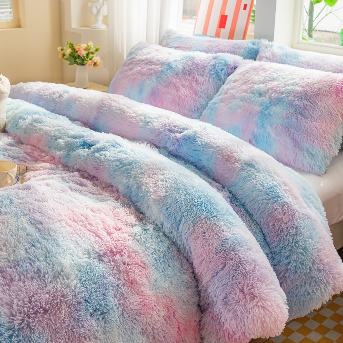 chovy Faux Fur Plush Tie-Dyed Blue Comforter Sets Twin/Full Size - Ultra Soft Shaggy Flannel Velvet Fluffy Fuzzy 3PC Bedding Set (Comforter x 1 Pillowcases x 2) - Image 5