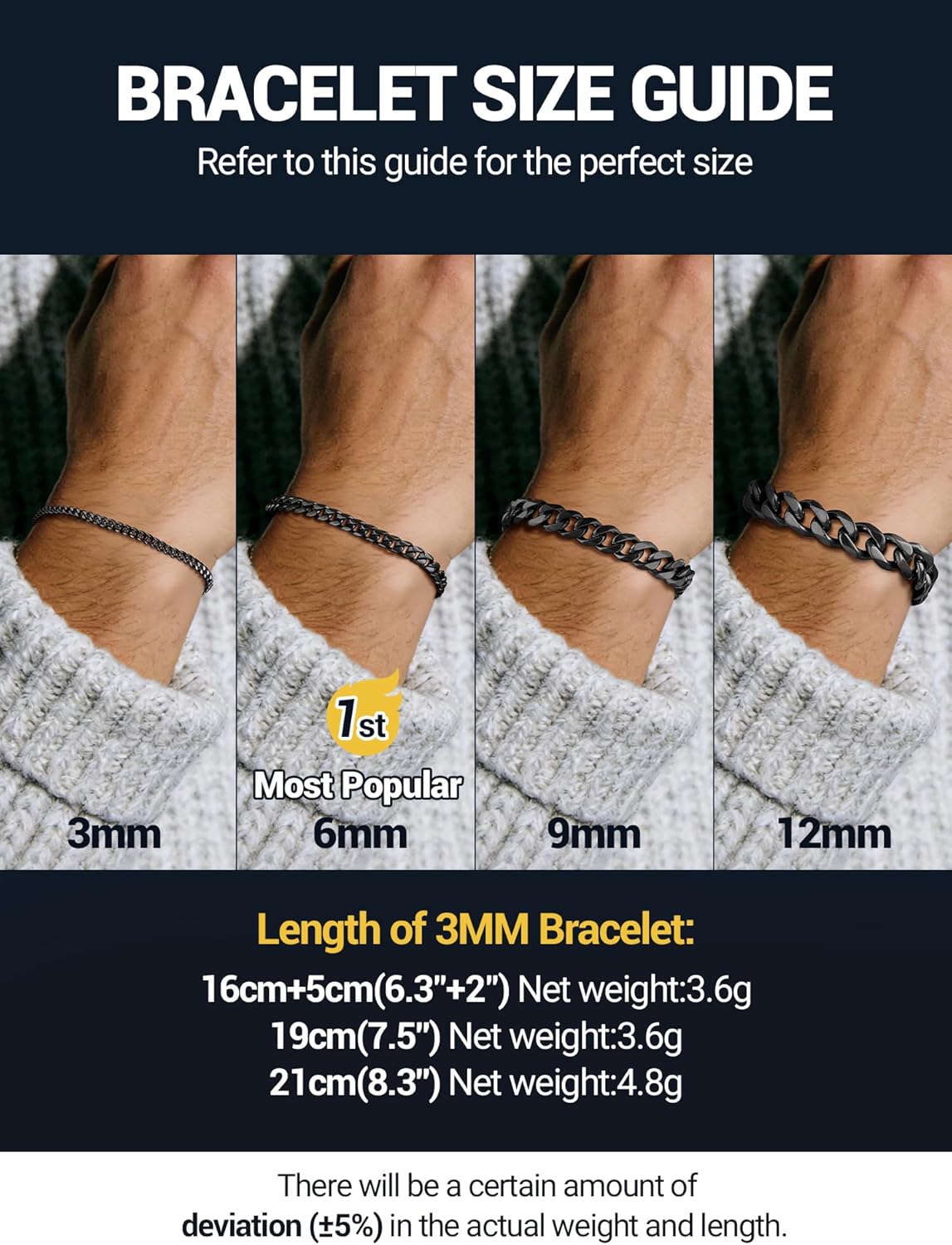 PROSTEEL 316L Stainless Steel Cuban Link Bracelets for Men, Gold/Black/Silver Tone, Hypoallergenic Jewelry, 7.5"/8.26", Come with Box - Image 6