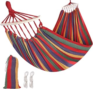 Solomone Cavalli Brazilian Hammock with Hanging Kits, Tree Hammock for Indoor Outdoor Patio Porch Backyard Camping, Cotton Canvas Carrying Bag, Ropes and Carabiners Included (Rainbow Stripe)