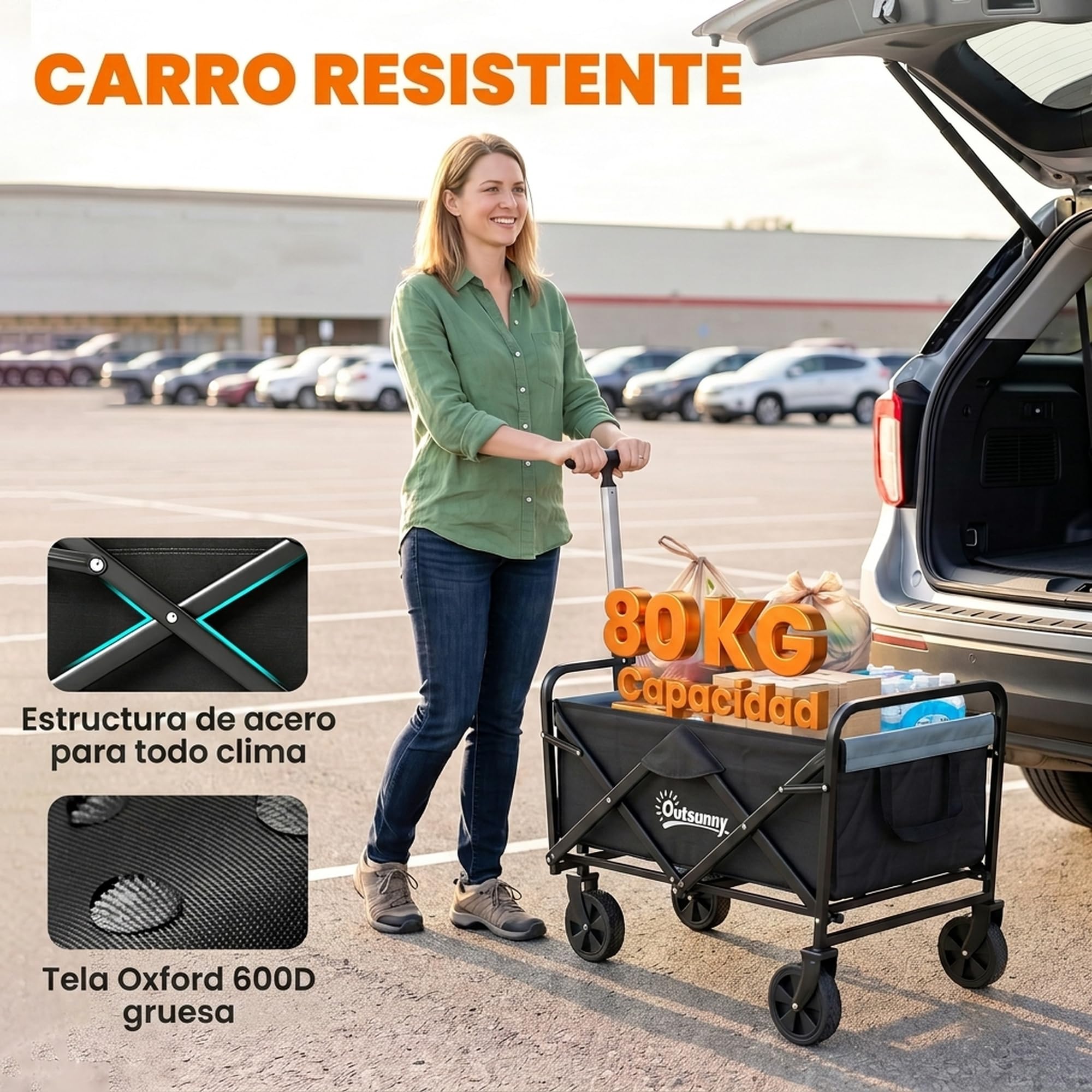 Outsunny Carro Plegable con Ruedas Grandes Carro Jardín Plegable Negro | 4 Ruedas, Longitud y Ángulo Mango Ajustables, Tela Oxford Resistente, Capacidad 70 L, Carga 80 kg, para Compra Campaña