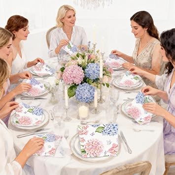 Hydrangea Floral Disposable Paper Napkins, 20 Pack Flower Design for Wedding Birthday Garden Party