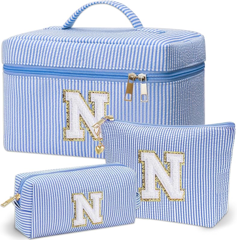 Necessaire de maquiagem com monograma Adoryoung azul, conjunto com 3
