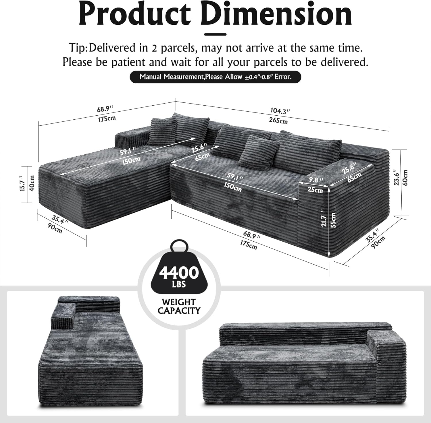 105‘’ Boneless Modular Sectional Sofa, Cloud Couch with Left Facing Chaise, Oversized Deep Seat, L-Shaped, Soft Corduroy Fabric, Sectional Couch for Living Room -Grey