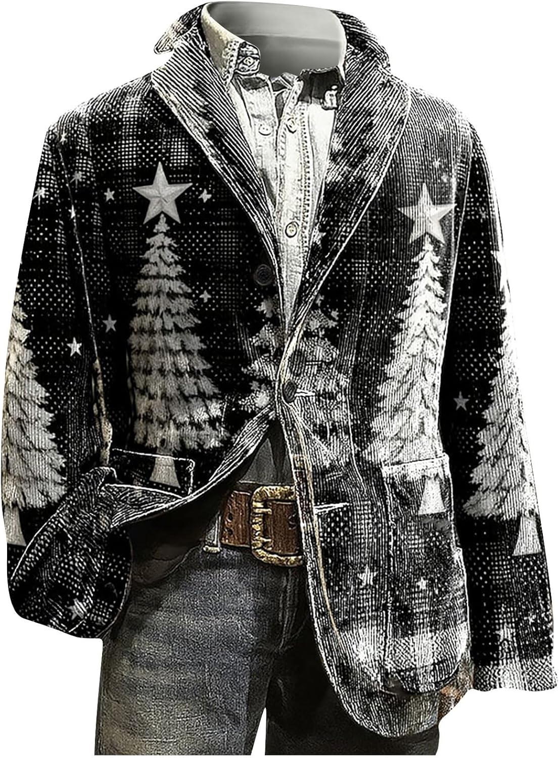 Mens Ugly Christmas Blazer Vintage Corduroy Christmas Suit Jacket Xmas Print Holiday Party Jacket with Pockets
