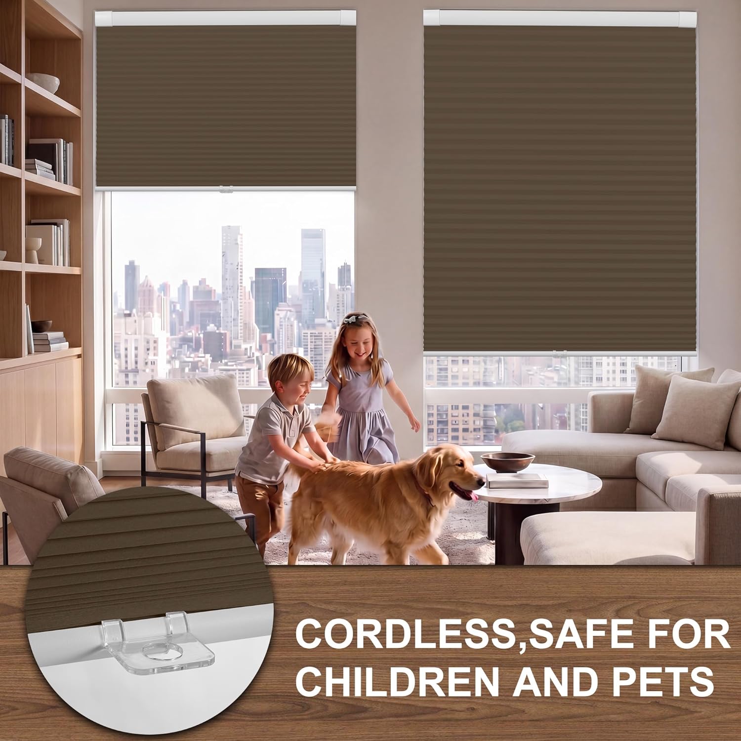 No Drill No Tools, 70" W x 56" H 1.5 Inch Blackout Cellular Shades Cordless Easy Install Honeycomb Blinds Thermal Insulated Blinds for Indoor Windows, Brown