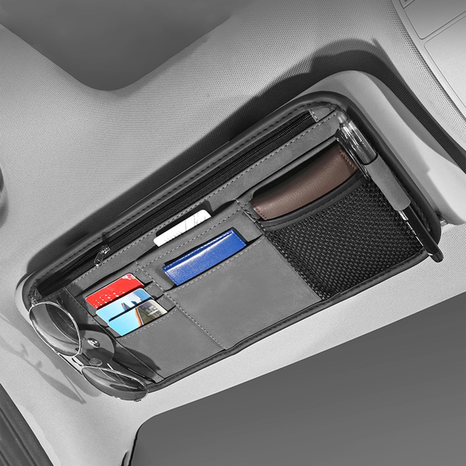 NERDUIX Car Sun Visor Organizer for Audi Q2/Q2L Q3 Q4 Q5 Q6 Q7 Q8 R8 with Multiple Pockets and Elastic Straps for Secure Interior Storage,normal-Gray