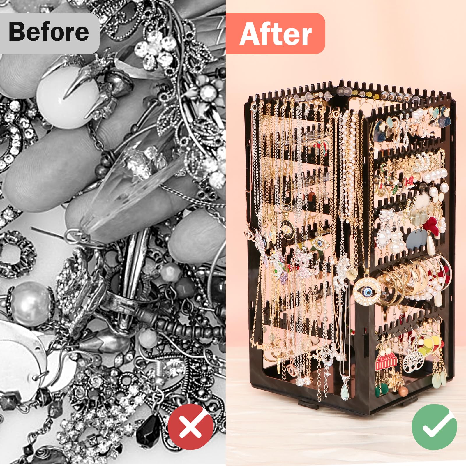 360 Rotating Earring Holder Organizer Stand,5 Tiers Acrylic Jewelry Organizers and Storage,Stud Earring Organizers and Storage,228 Holes and 232 Grooves for Earrings Necklaces chain bracelet