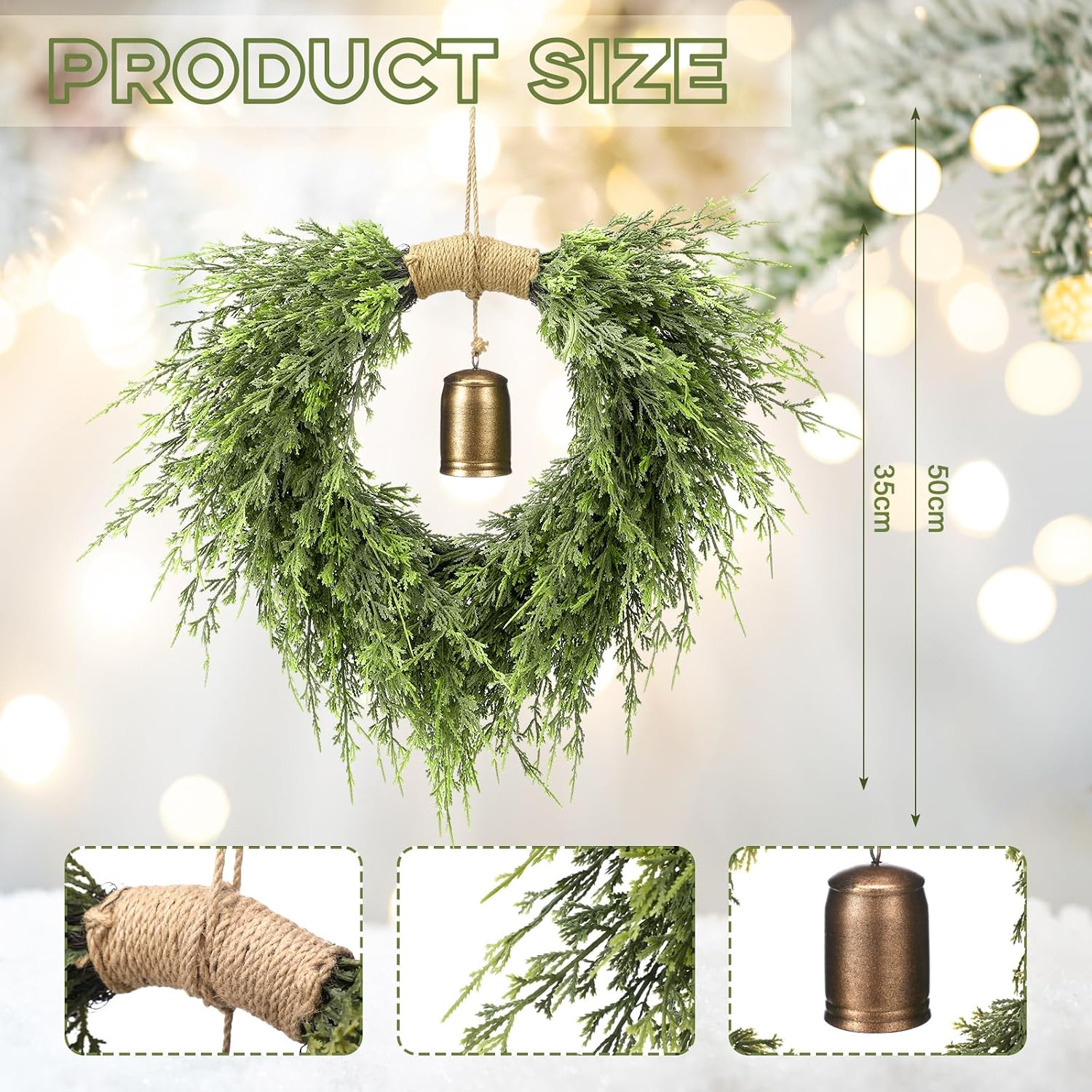 Hungdao 21.6" Norfolk Pine Heart-Shaped Wreath for Front Door Artificial Greenery Faux Cedar Wreath with Cow Bells for Christmas Front Door Wall Window Mantle Decorations